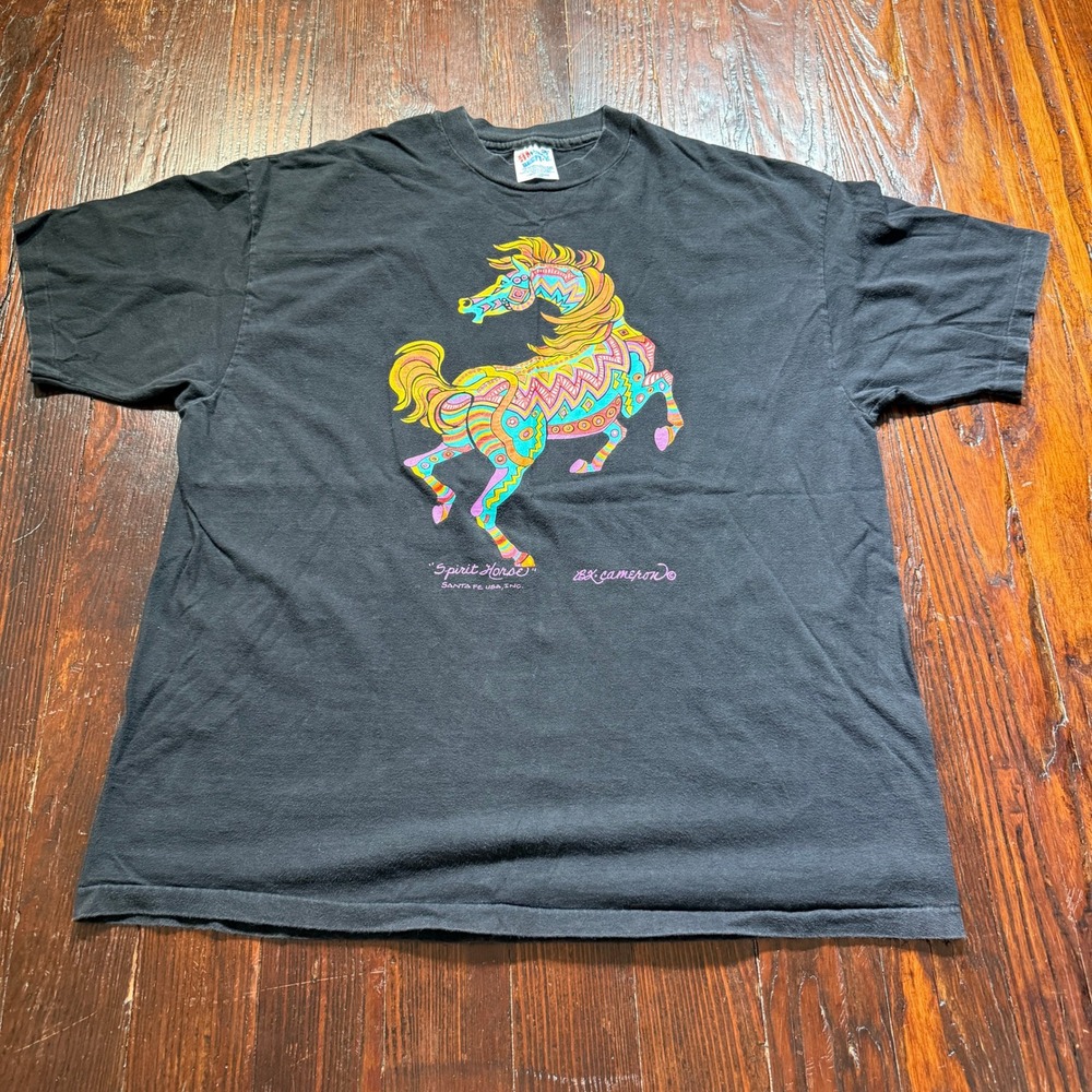 Vintage 90s Spirit Horse Shirt Mens XL Black BK Cameron Santa Fe USA Hanes Beefy